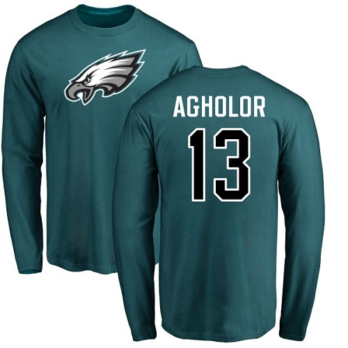 Men Philadelphia Eagles #13 Nelson Agholor Green Name and Number Logo Long Sleeve NFL T Shirt